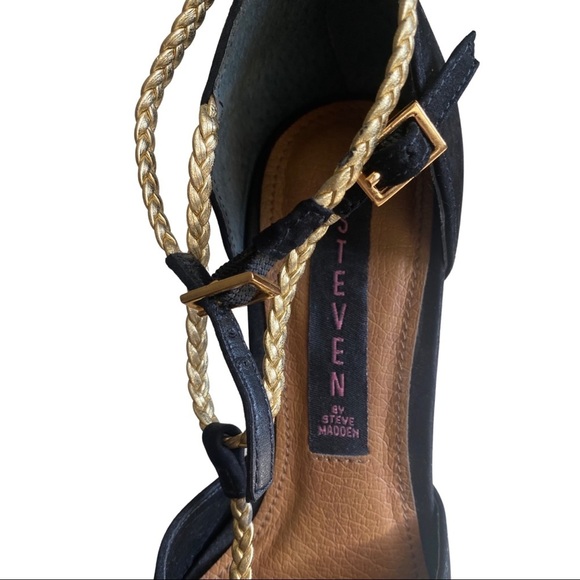 Steven by Steve Madden adalyn leather peep toe platform heels black gold size 7 - Picture 4 of 7